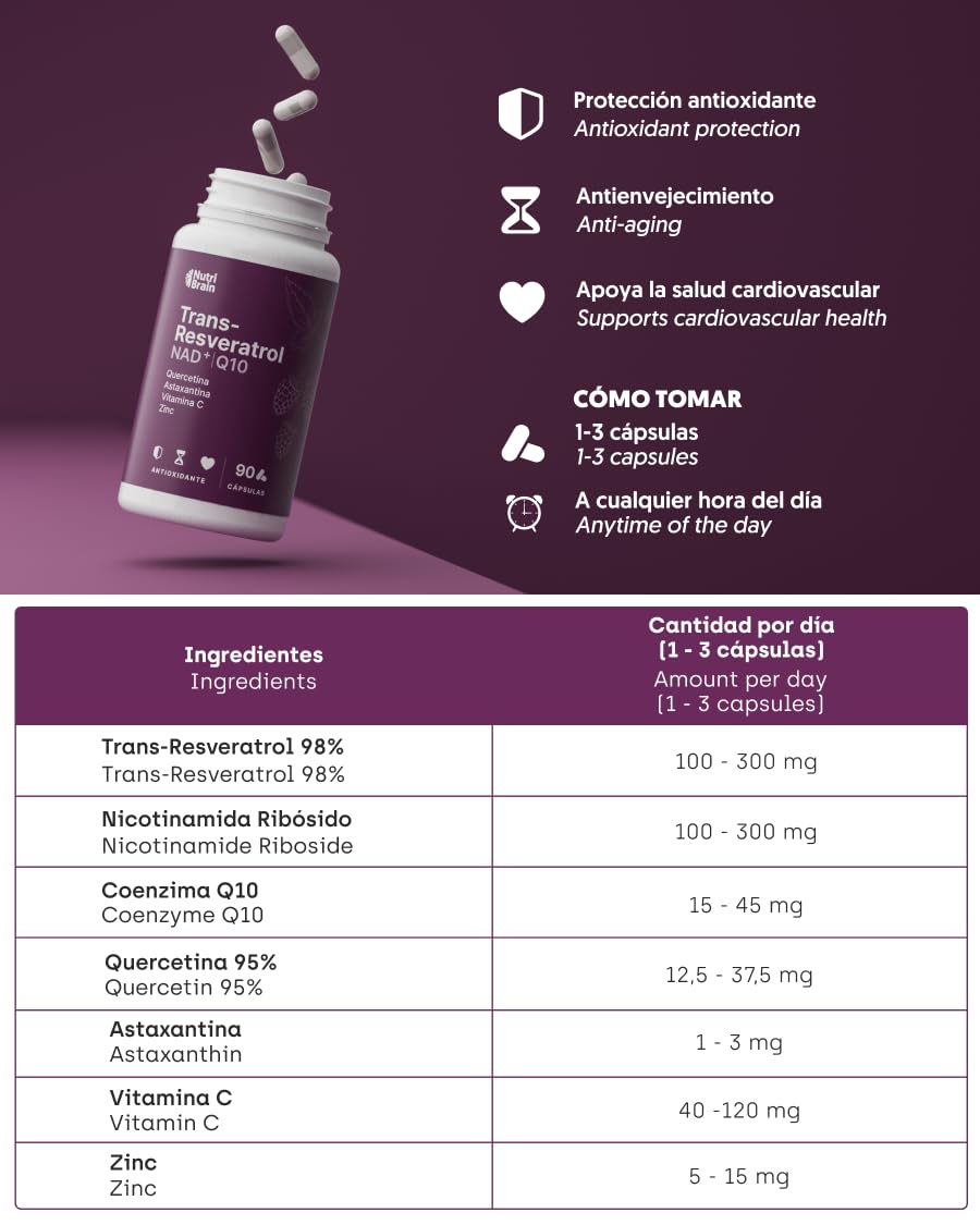 Resveratrol & NAD + Coenzima Q10, Zinc, Astaxantina y Vitamina C - 90 Cápsulas (3 Meses) - Potente Antioxidante, Antiedad, Bienestar Cognitivo, Energía e Inmunidad