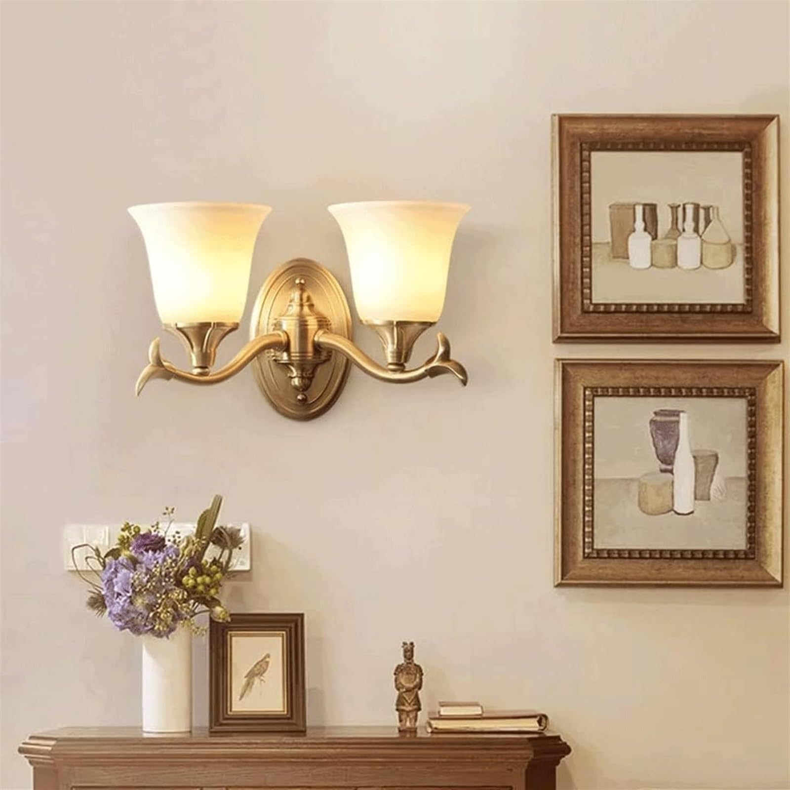Applique da Parete Vintage a Doppia Testa, Moderna Lampada da Parete in Ottone per Interni con Vetro Bianco Satinato, Lampada da Parete di metà secolo per Interni, Comodino, Camera da Letto, bagn