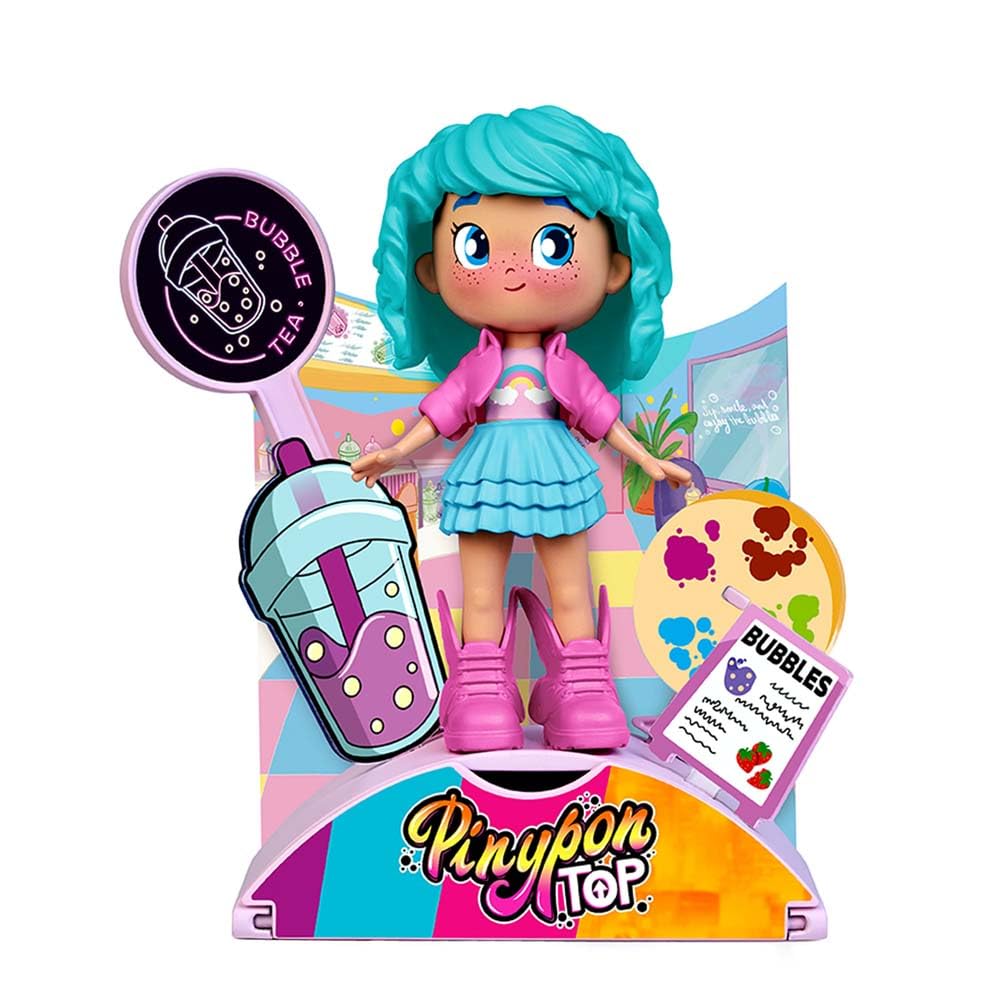 Pinypon TOP Bubble Tea Girl, Chica TOP con Temática Té de Burbujas, Figura Articulada de Brazos y Piernas, Doble Cara y Ropa y Zapatos Intercambiables, Sobre con Accesorios, +4 años, Famosa (PNN01300)