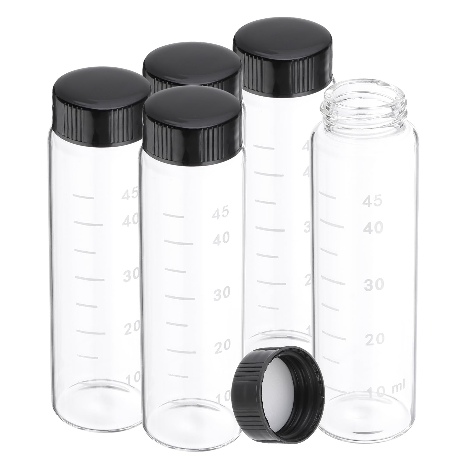 PATIKIL Lot de 5 petits flacons d'échantillons en verre transparent de 50 ml avec bouchons à vis noirs, mini flacons scellés pour réactif anti-fuite avec échelle pour le stockage de poudre liquide