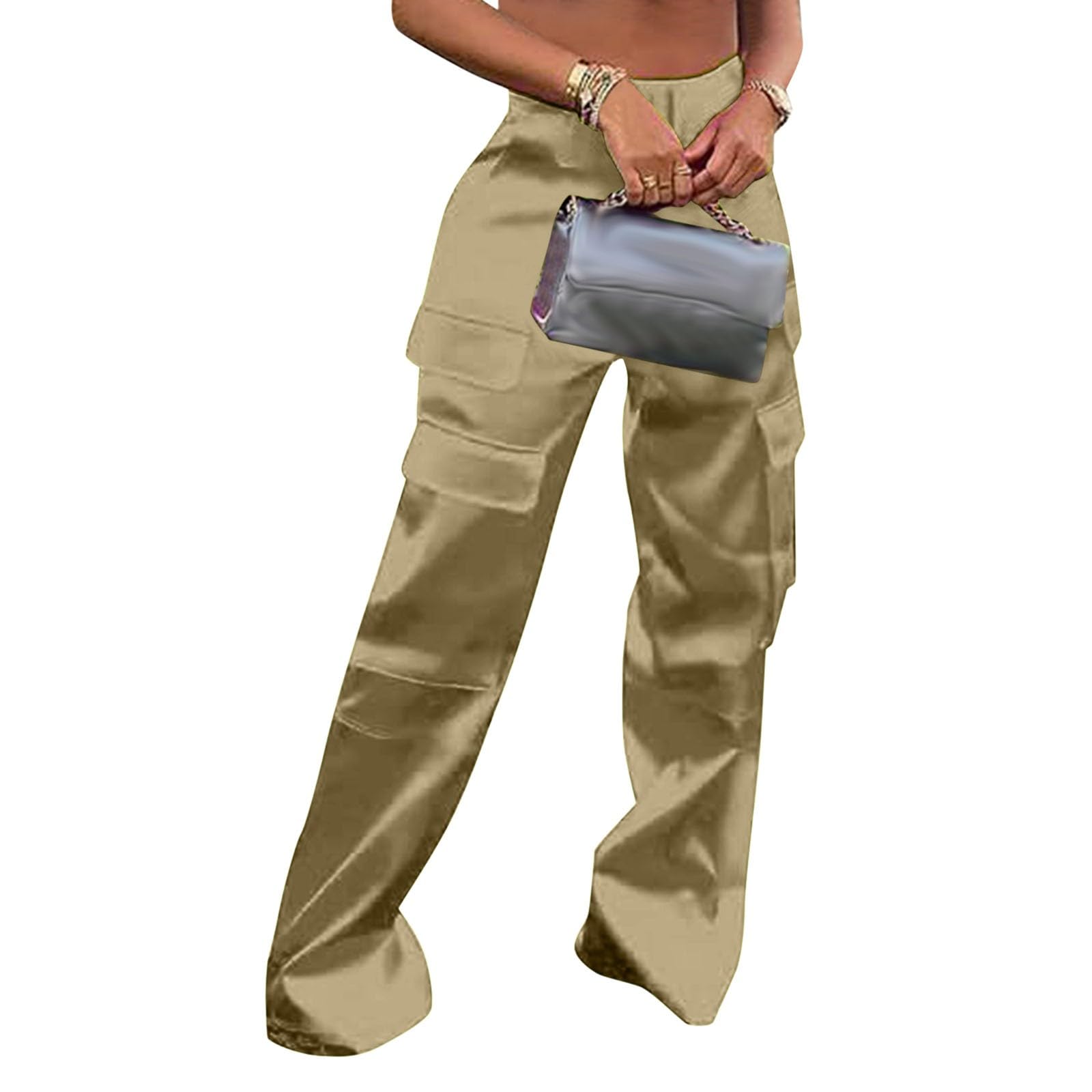 Pantalon Femme Cargo Taille Haute Large Décontracté avec Poches Multiples Fermetures Zippées Coupe Ample Style Streetwear Casual pour Voyage Loisirs Quotidien
