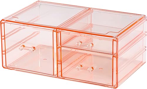 Cq acrylic Organizador de almacenamiento apilable para oficina en casa con cajón extraíble para escritorio, armario, estante, color rosa, 3 cajones