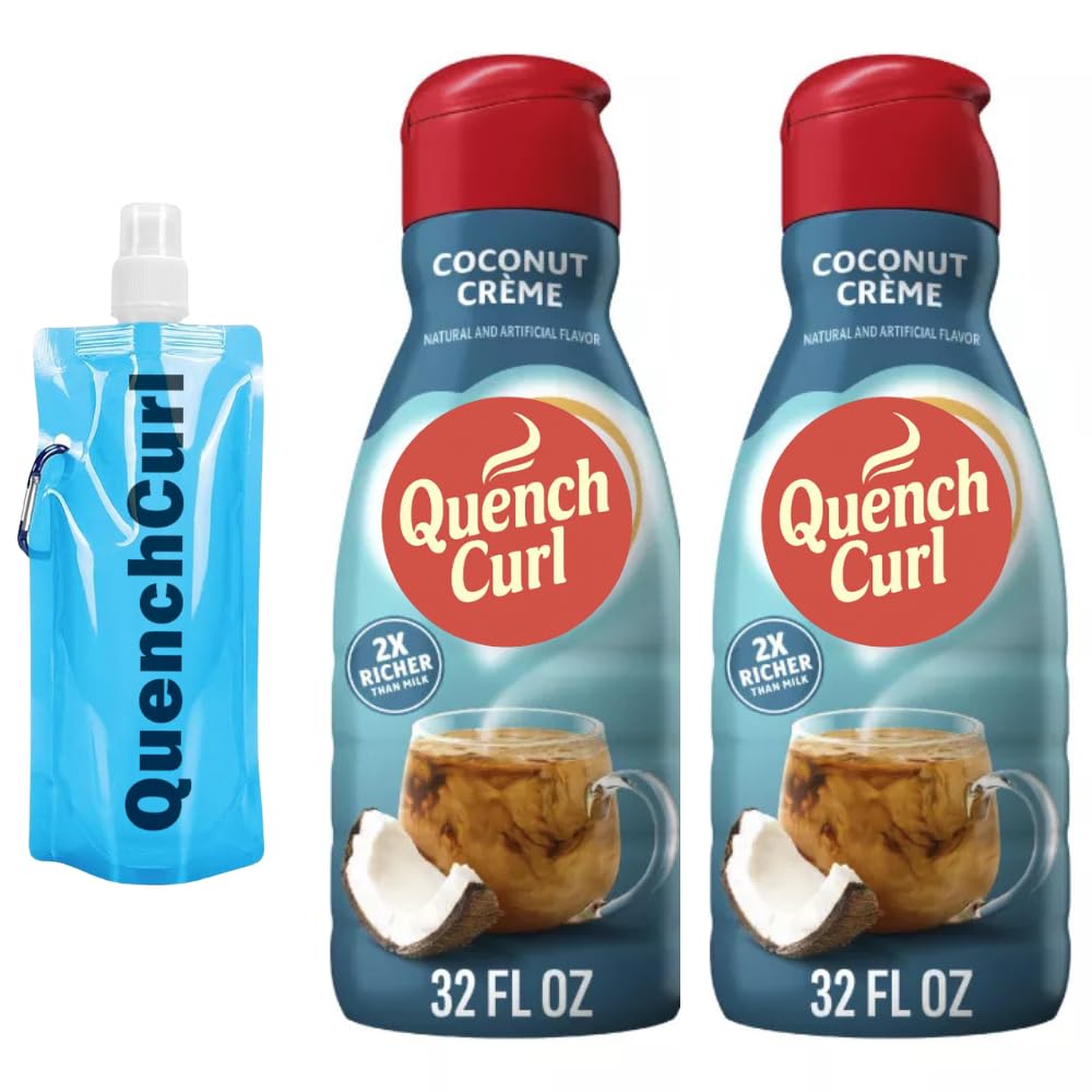 Premium Liquid Coffee Creamer 2x32oz with QuenchCurl Collapsible Bottle – Smooth, Creamy, Coffee-Ready Bundle for Coffee Lovers - Coconut Crème