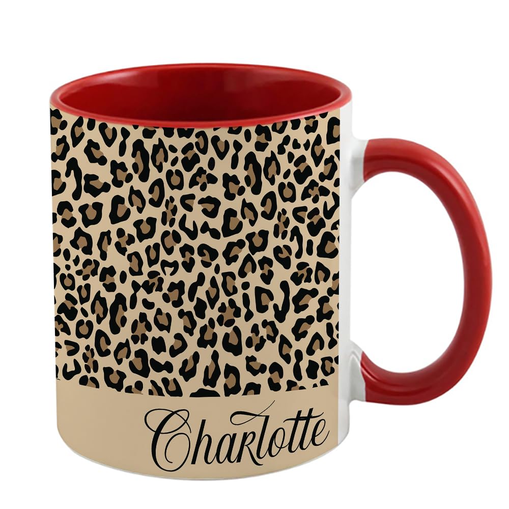 Getagift Personalised Cheetah Print Mug Custom Name, Leopard Print, Animal Print, Inside Coloured Coffee, Tea Mug. (Red)