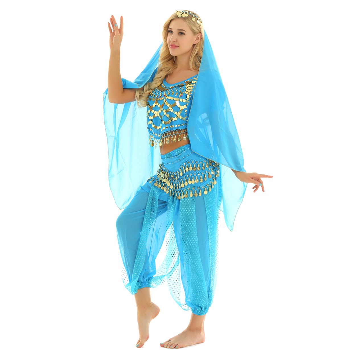 Freebily Vestito Danza del Ventre Donna Schiena Scoperta Danza Orientale Completo Costume Carnevale Donna Principessa Araba Belly Dance Cosplay Halloween
