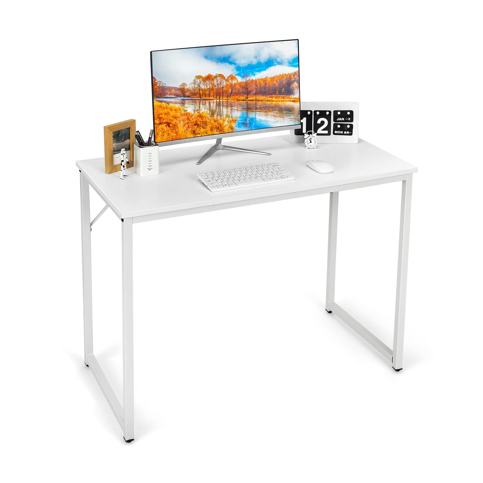 GIANTEX Scrivania, piccola scrivania per computer portatile, scrivania da ufficio, tavolo da lavoro, 100 x 50 x 75 cm, legno e metallo, per studio, ufficio, casa, ufficio (bianco)