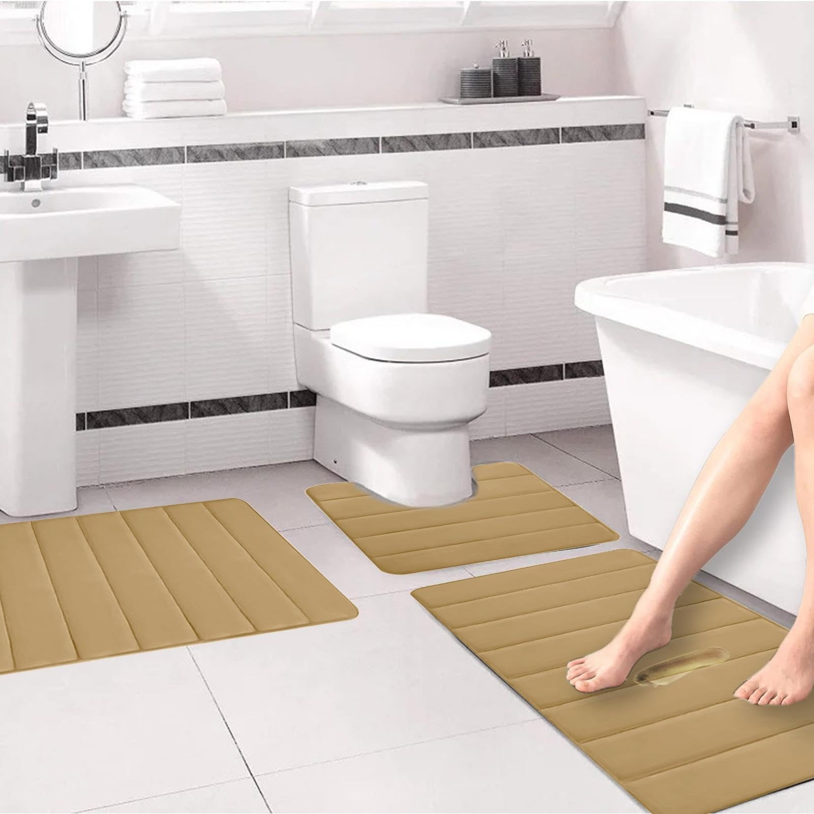 Badezimmermatten-Set aus Memory-Schaum, 3-teilig, Badteppich, WC-Matten, weich und bequem, sehr saugfähig, rutschfest, dick und maschinenwaschbar, schnell trocknende Bodenmatten (Khaki)