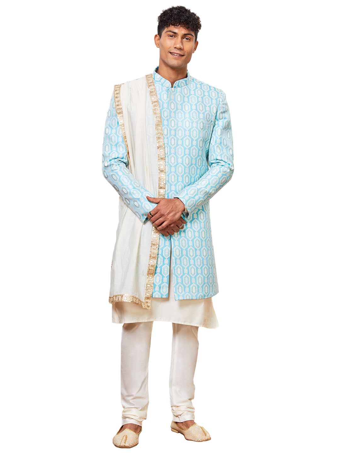 vastramay Men's Silk Blend Jacquard Indo-Western Sherwani with Kurta, Pant Pyjama & Dupatta Weddings & Festival-picture-31