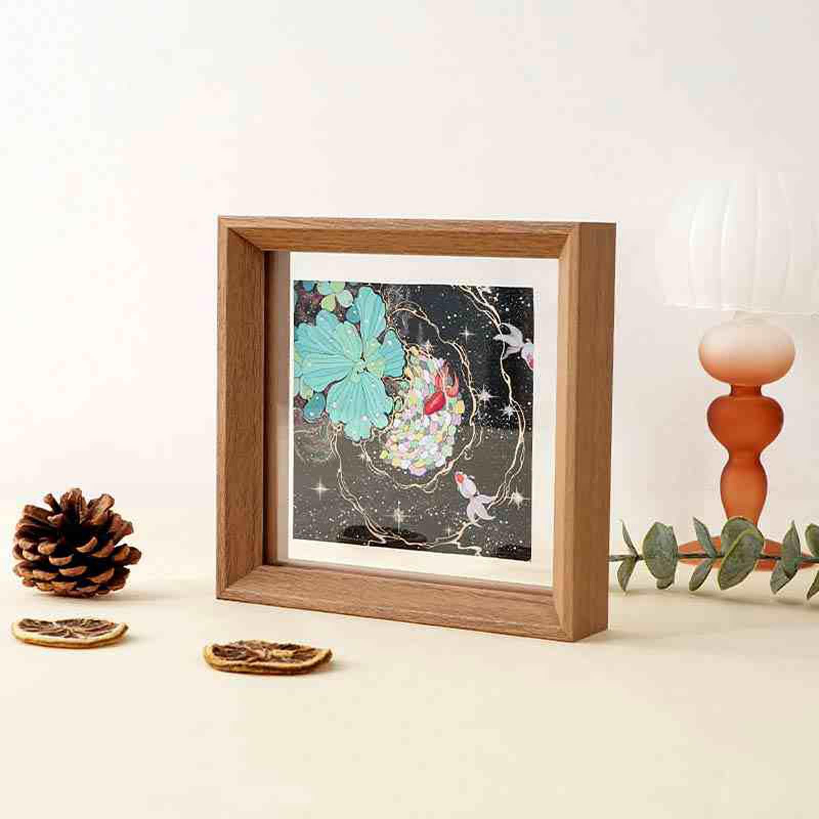 Double Sided Floating Photo Frame, Wooden Double Sided Photo Frame, Multicolor, 7-16 inch, Postcards Memorial Photos Specimen(Wood Grain Color,[33 * 33cm])