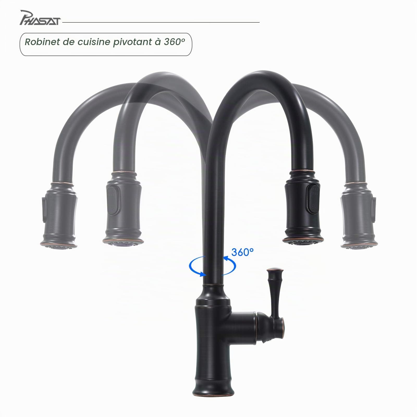 PHASAT Robinet Mitigeur de cuisine extensible avec douchette extensible à 360° 2 fonctions Robinet de cuisine ORB KZ06