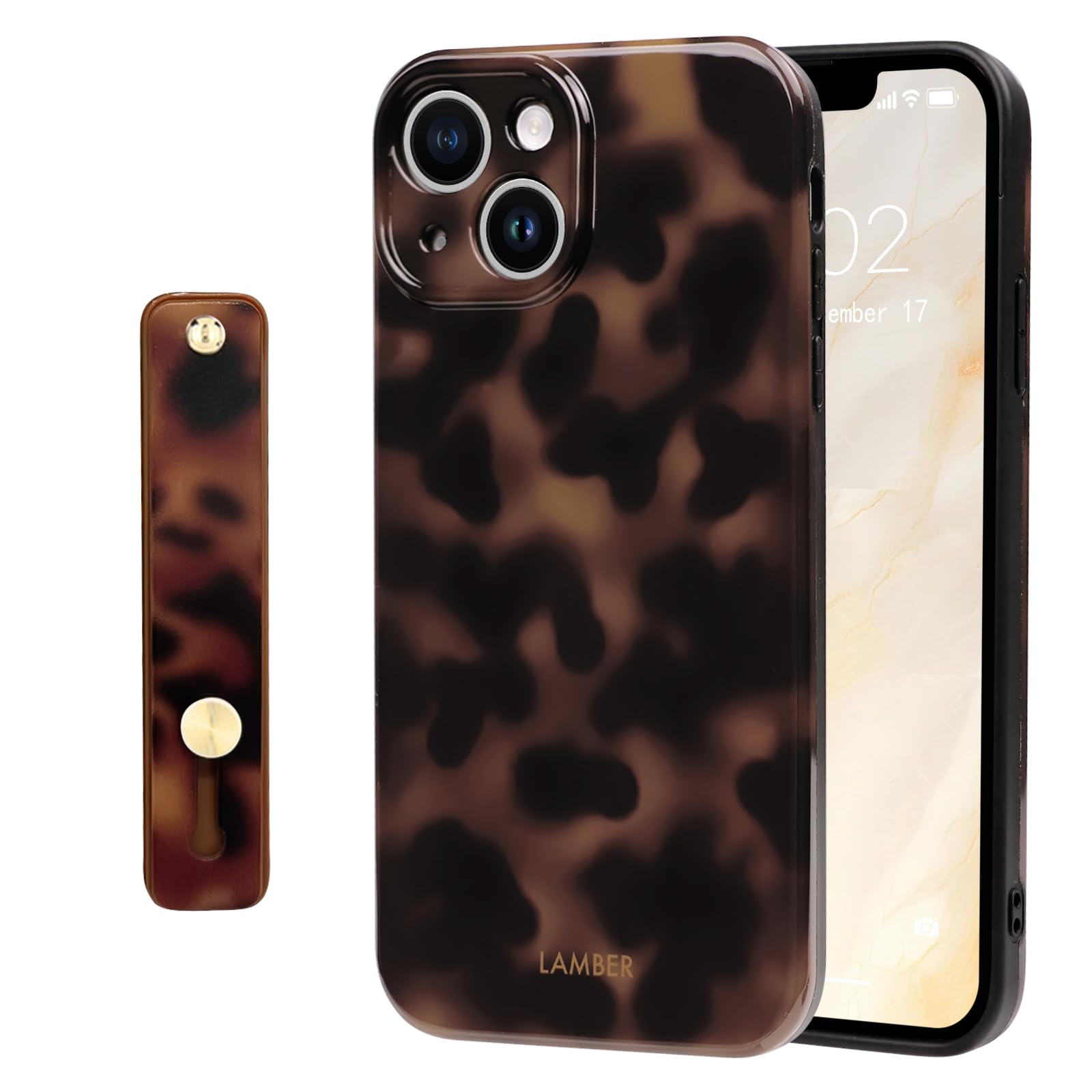 NITITOP Compatible for iPhone 14 Plus / 15 Plus Case with Wrist Strap Cute Stylish Leopard Print Amber Tortoise for Women Girls Men Soft TPU