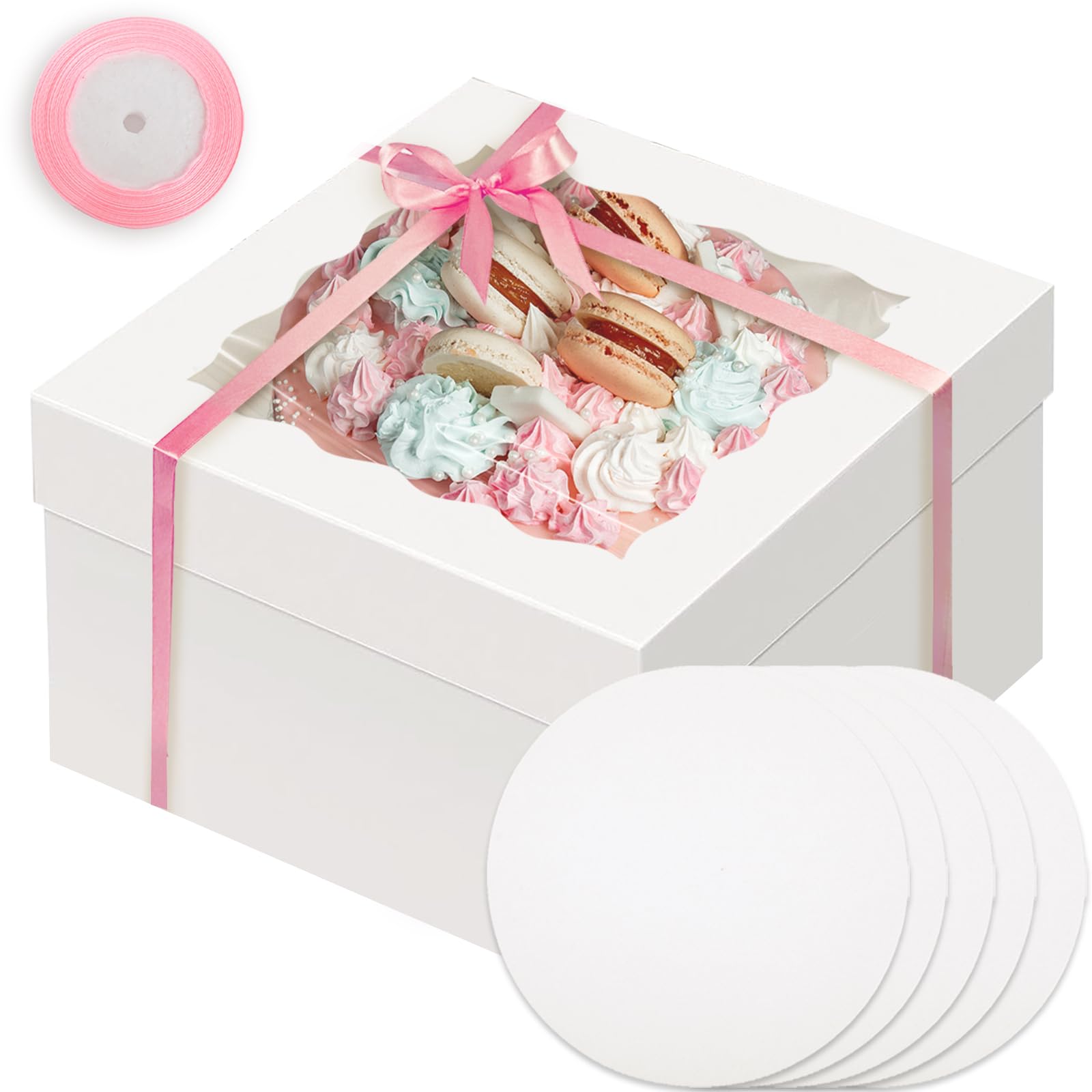 Photo 1 of Bakepacker 36pcs 12x12x8 inch Cake Boxes with Window - 18 Packs White Cake Boxes & Boards + 10 Meters Silk Ribbon
