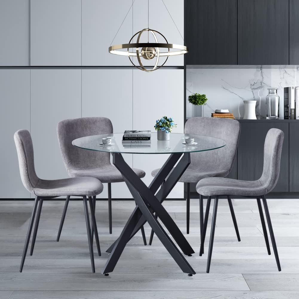 NIERN Round Tempered Glass Dining Table Set for 4, 5-Piece Modern Kitchen Table Set with 4 Chairs for Kitchen Dining Room (Grey)