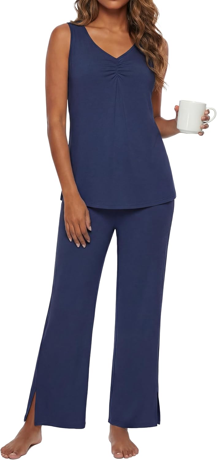 PrinStory Womens Pajama Sets Soft Knit Pjs 2 Piece Sleeveless Pajama Set Summer Lightweight Pj with Pockets - Image 2