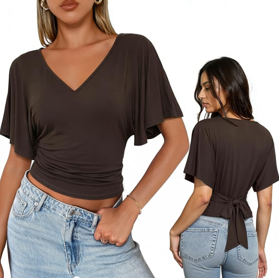 WIEIYM Damen Sommer Bluse Flügelärmel U-Boot-Ausschnitt Blusenshirt | Elegantes Schöne Oberteil Verstellbarem Bindeband Kurzarm Tshirt