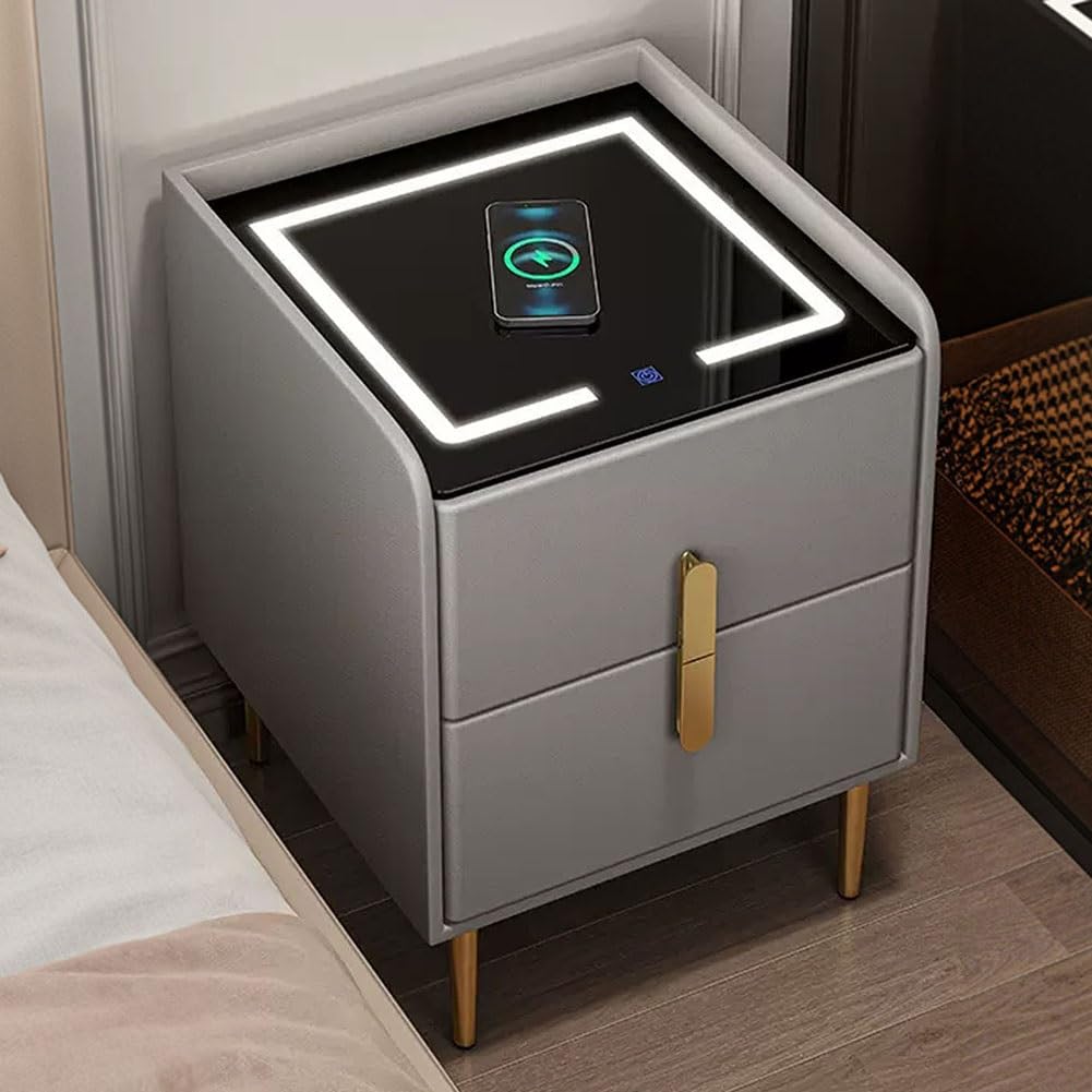 ASerZenith End Side Table With Led Lights, Smart Nightstand With Charging Station, Bedside Tables,C-40X40X50Cm