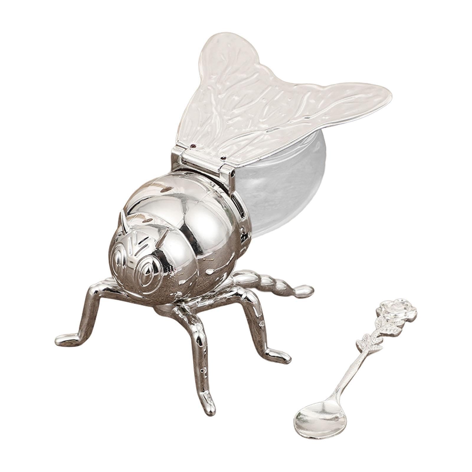 YIXANNX for Creative Bee Honey Pot With Spoon Multipurpose Dispensing System Excellent For Storing Syrup And Spices Honey Jar Dipper Set Home Kitchen Alloy, Silver Rose, 10x15x8.5cm