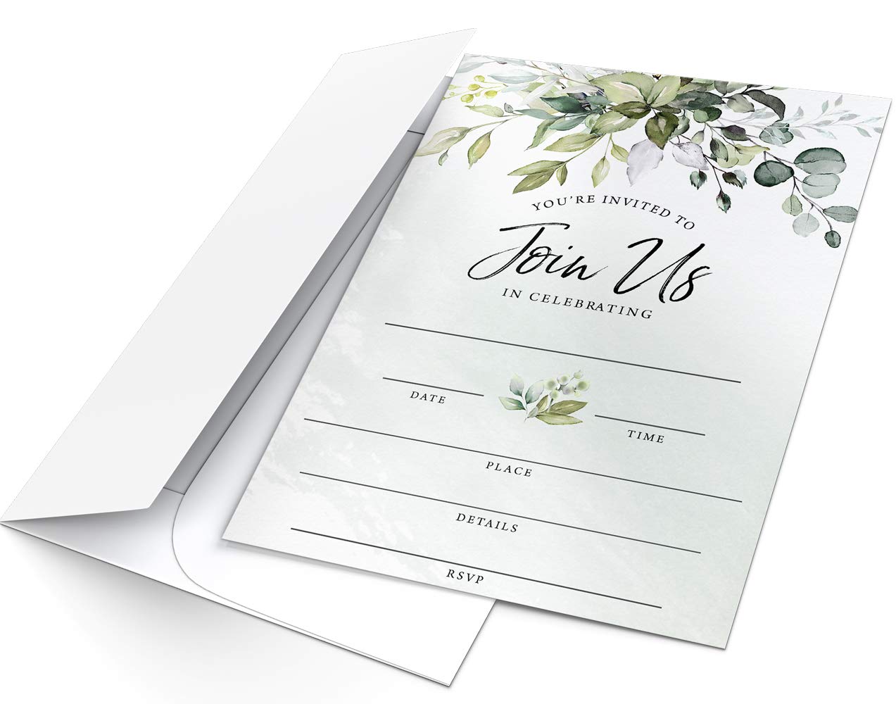 Printed Party Invitaciones y sobres rellenos, vegetación de eucalipto, juego de 25