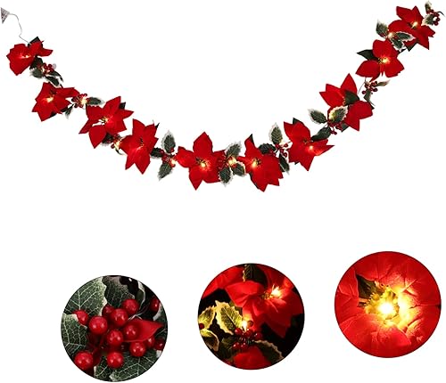 TIDTALEO Guirnalda de Navidad con poste de luz, decoración roja, guirnalda de luces de Navidad, guirnalda de flores con luces, guirnalda de luces
