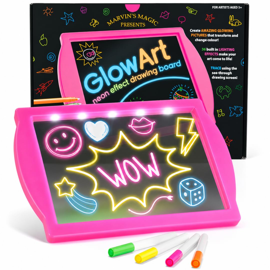 Marvin's Magic Niesamowity świecący tablet do rysowania dla dzieci - zestaw artystyczny dla dzieci - zawiera tablicę kreślarską z efektem neonu z wbudowanym stojakiem i 4 fluorescencyjnymi magicznymi