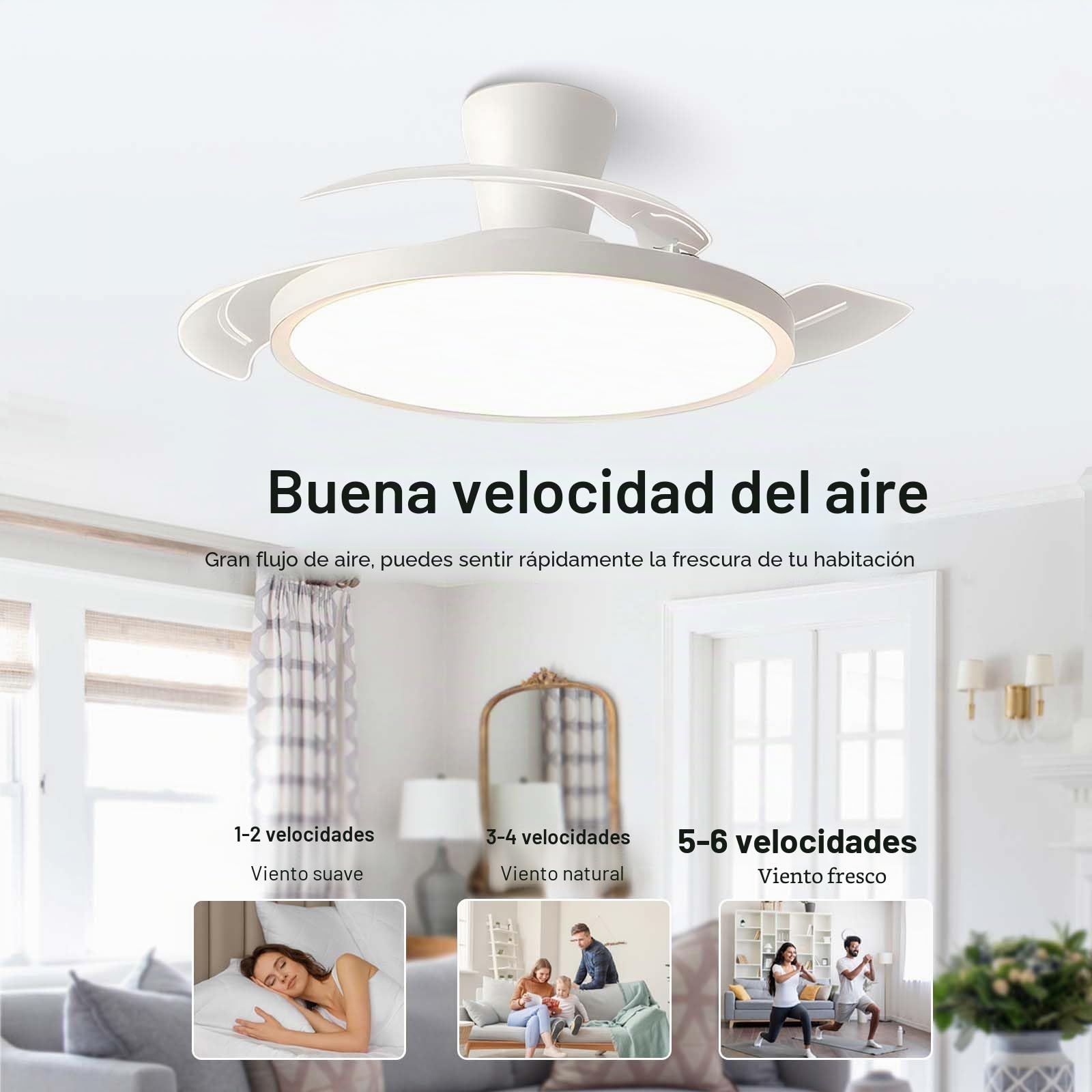 Ventilador de Techo con Luz y Aspas Retráctiles Reversible | Inteligente Ventilador Techo y Mando a Distancia Silencioso Regulable Lampara de Techo Ventilador 6 Velocidades Dormitorio