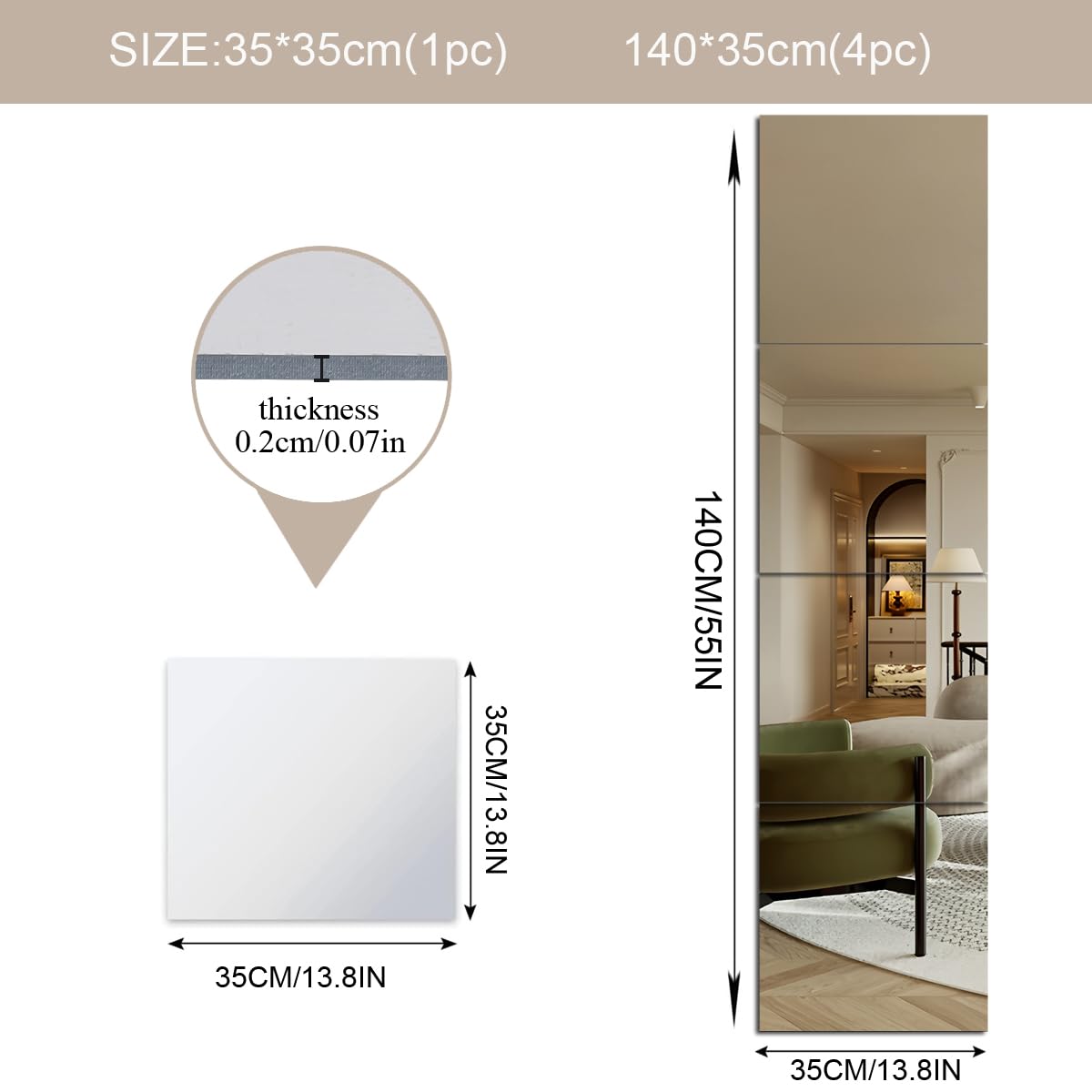 4 adesivi a specchio in acrilico a tutta lunghezza per pareti, 35 x 35 cm, piastrelle a specchio HD senza vetro, sicure e infrangibili, da montare a parete, specchio adesivo per trucco, casa