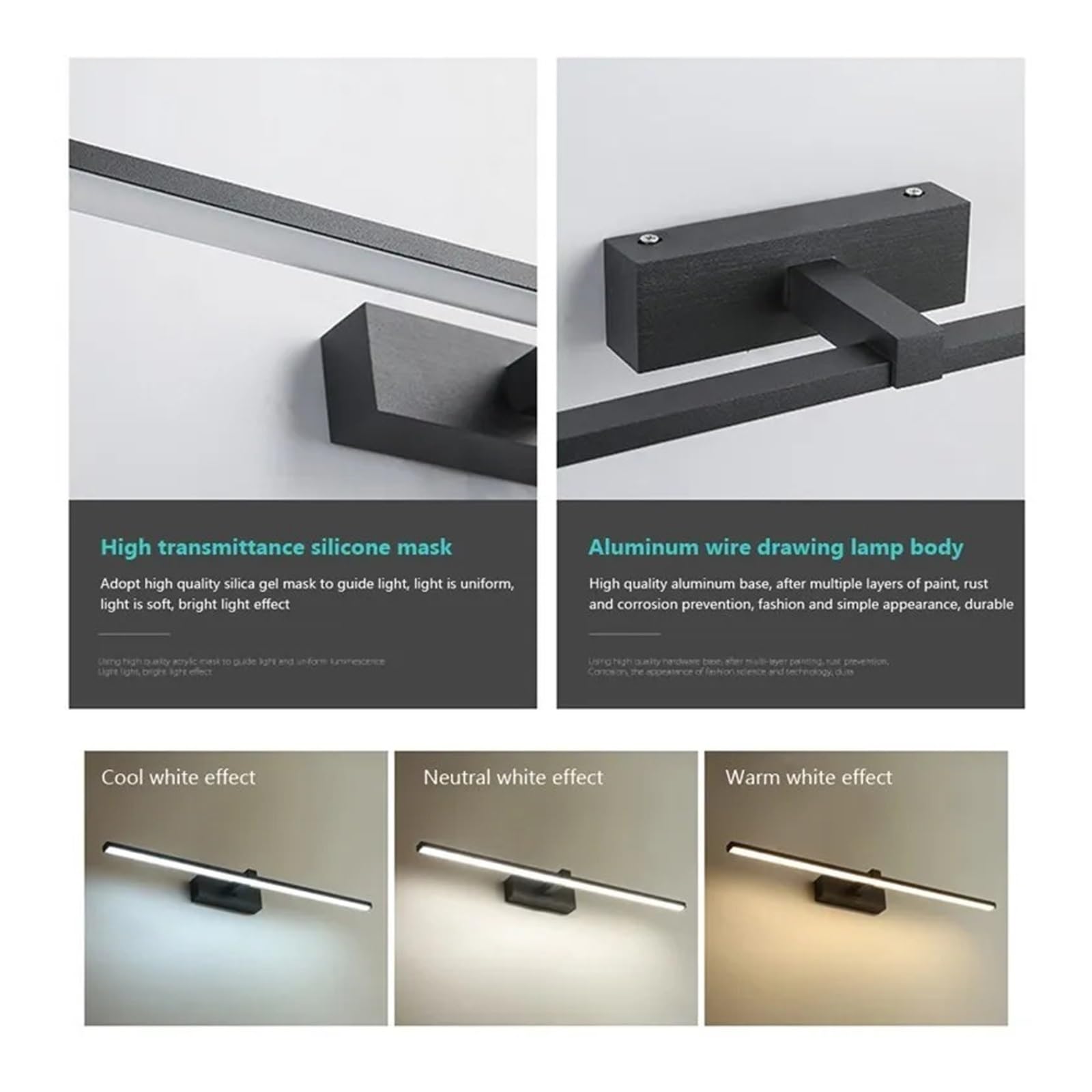 Bildlicht LED-Spiegelleuchten, Wandleuchten, Badezimmer, wasserdicht, weiß, schwarz, flache LED-Lampe, moderne Innenwandleuchte, Badezimmerbeleuchtung, Make-up Das Licht ist weich und nicht blendend(N