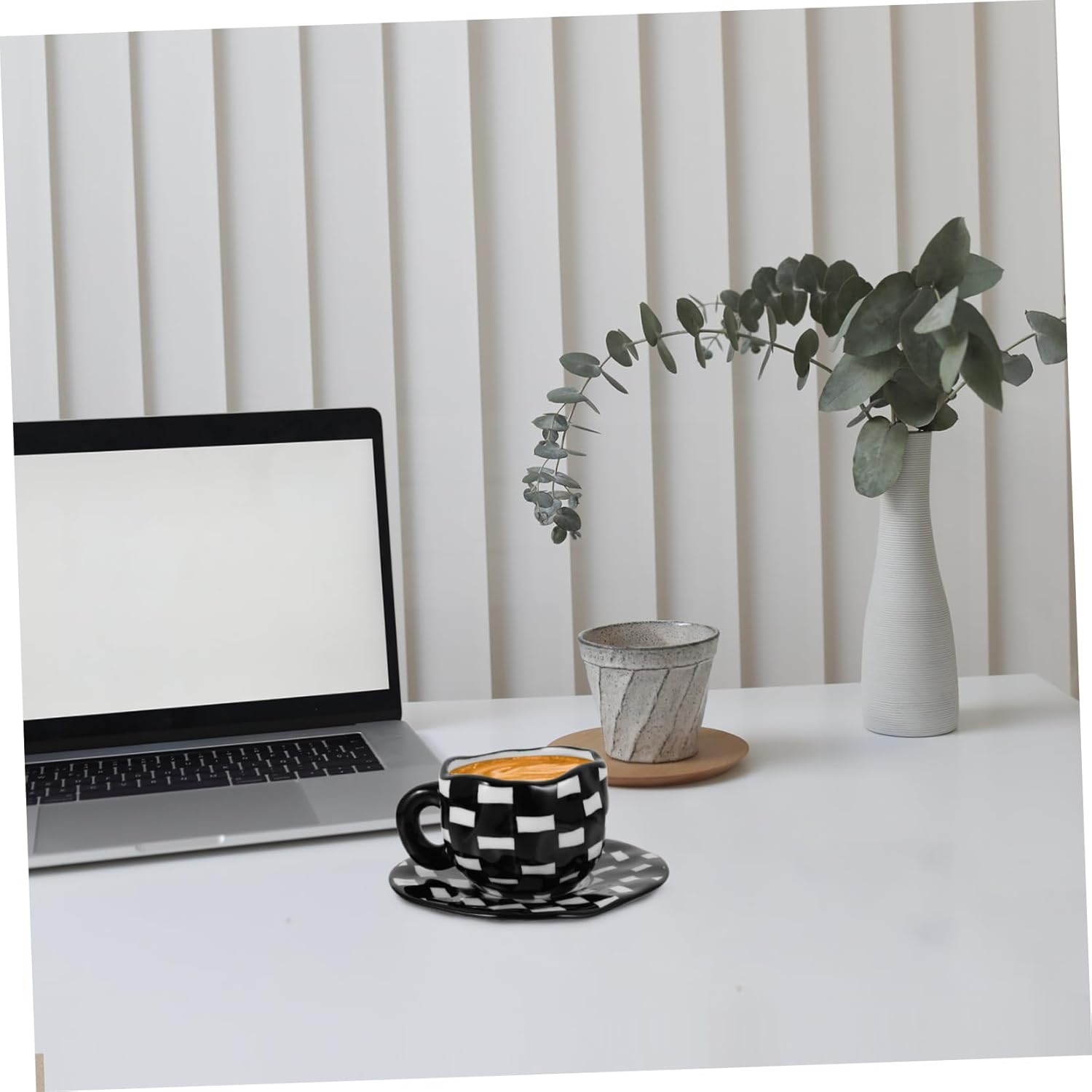 Vintage Hand-Painted Black and White Checkered Coffee Mug and Saucer Set Irregular Ceramic Cups for Home Office Use Decorative Drinkware