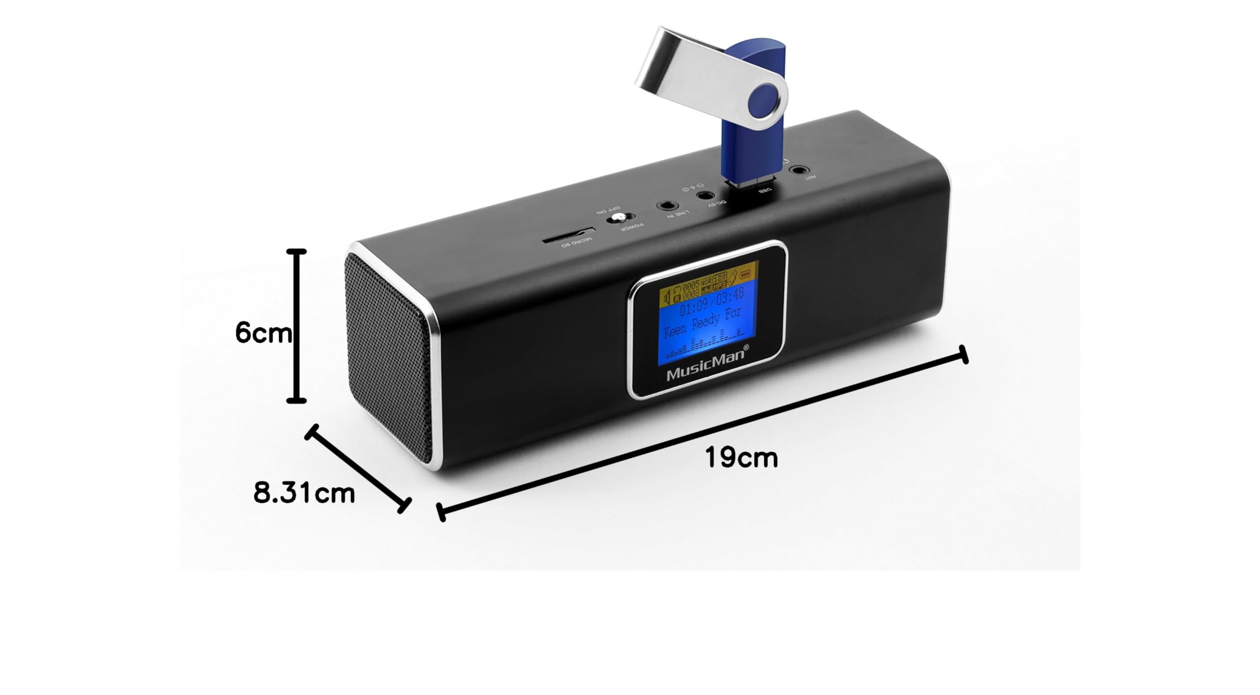 MusicMan MA Soundstation (3547) – Enceinte Stéréo Portable avec Écran LCD – Lecteur MP3, Radio FM, Port USB & MicroSD – Batterie Rechargeable – Entrée AUX – Station Sonore en Aluminium Compacte (Noir)