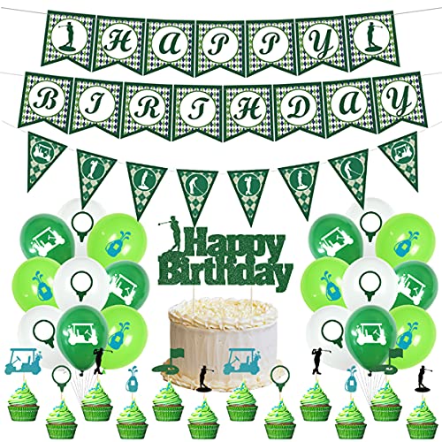 Jelacy Golf Birthday Party Supplies Decoration Green Golf Happy Birthday Banner Cupcake Toppers Latex Balloon Golf Theme Party Creative Sports Golf Game Party Decoration