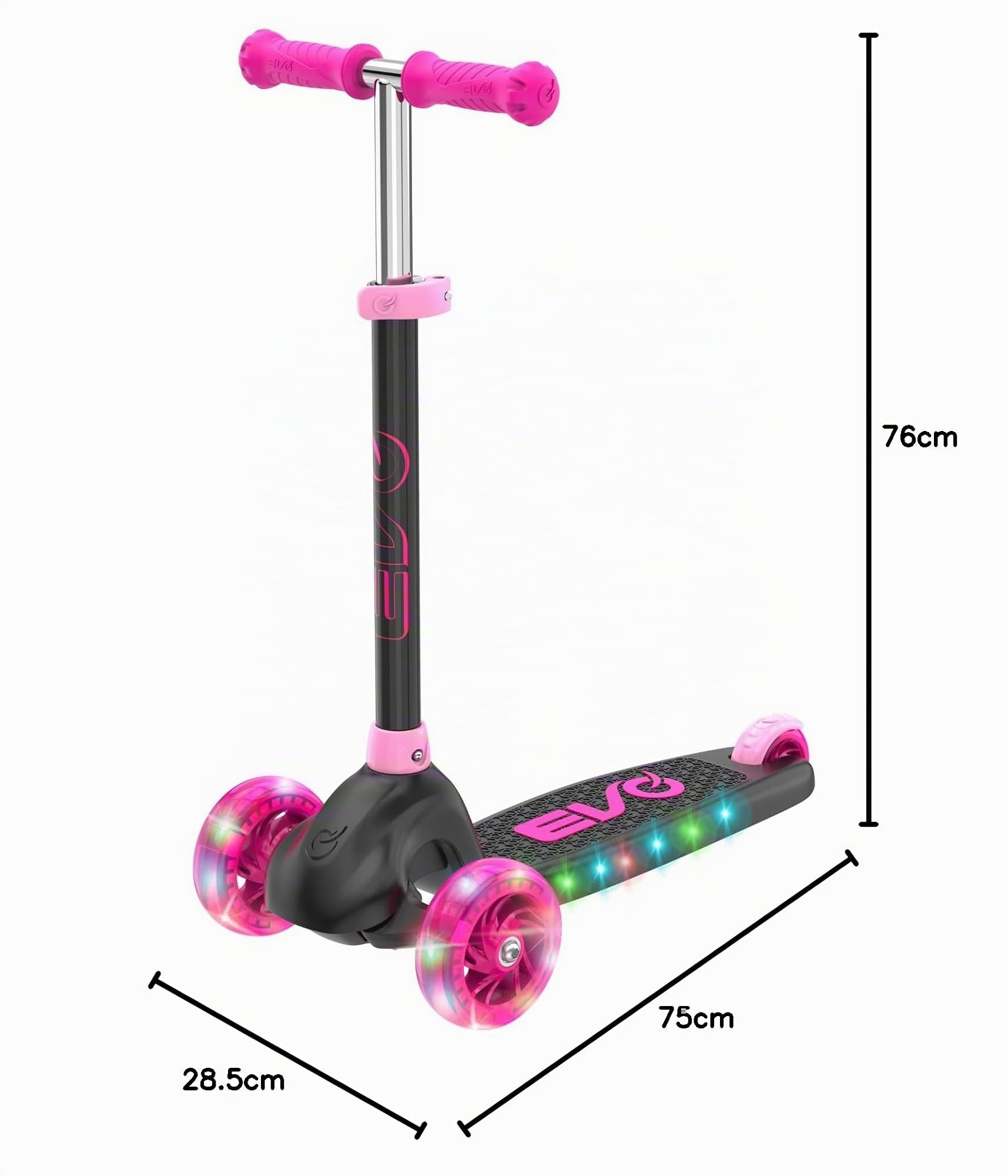 EVO Eclipse Leuchtender Tretroller mit 3 Rädern, Kinder-Scooter mit verstellbarer Griffhöhe, verstellbarer Griffhöhe für Jungen und Mädchen, Tretroller für Kinder im Alter von 3–12 Jahren