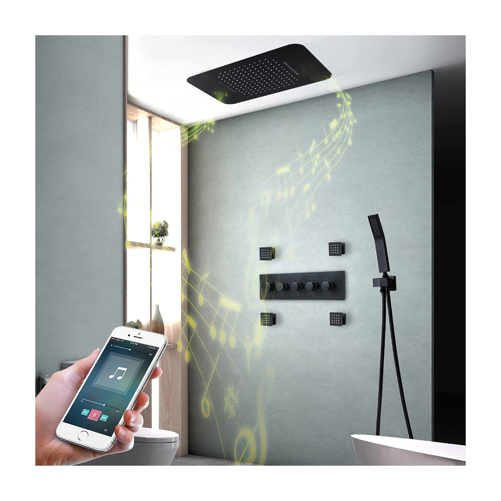 Buy SHUGUANG LED Music Thermostatic Rain Shower System Black Shower Combo Set 64 Colors Bathroom