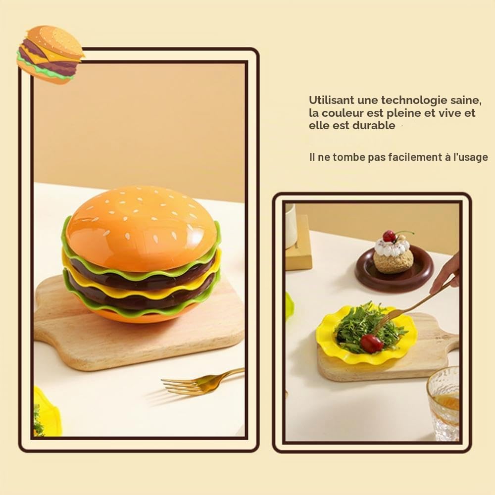 Lot de 5/7 assiettes à hamburger et bols empilables en forme de hamburger individuelle pour condiments, accompagnements de condiments, barbecue, fête, cadeau de Noël amusant et mignon