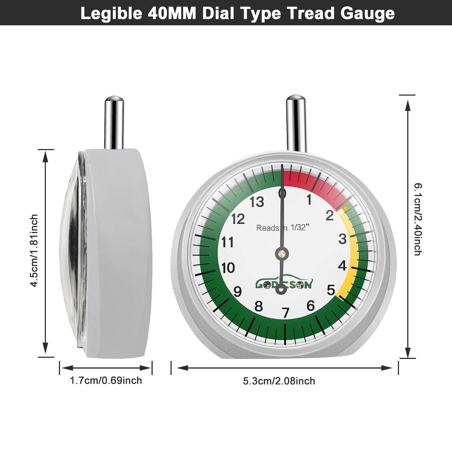 GODESON Tire Tread Depth Gauge,Dial Type Tire Depth Gauge in 32nds,Color-Coded and Easy Reading Tread Depth Gauge Professional for Motorcycle, Car,Truck and Bus, Silver Powder-Coated Zinc Alloy Casing image 3