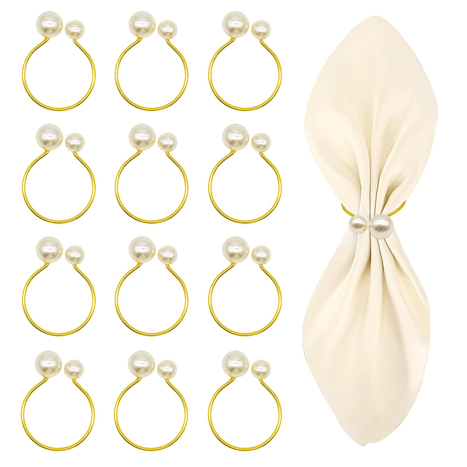 Wondora 12 servilleteros dorados con 2 perlas, servilleteros de metal para Navidad, Acción de Gracias, Pascua, cumpleaños, banquetes, fiestas