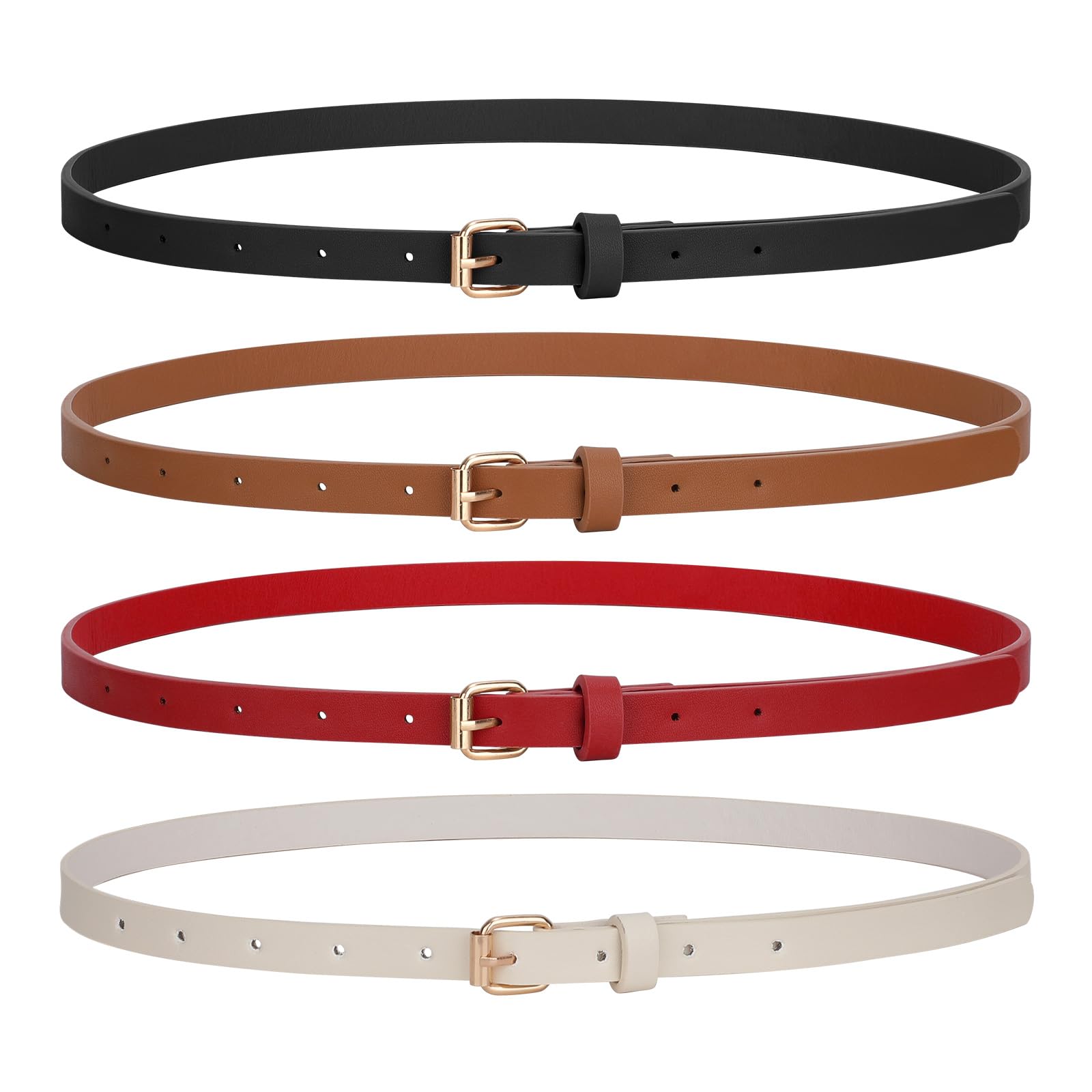 JASGOOD 4 Pack Skinny Women Leather Belt for Dresses Thin Waist Belt for Jeans Pants with Gold Buckle