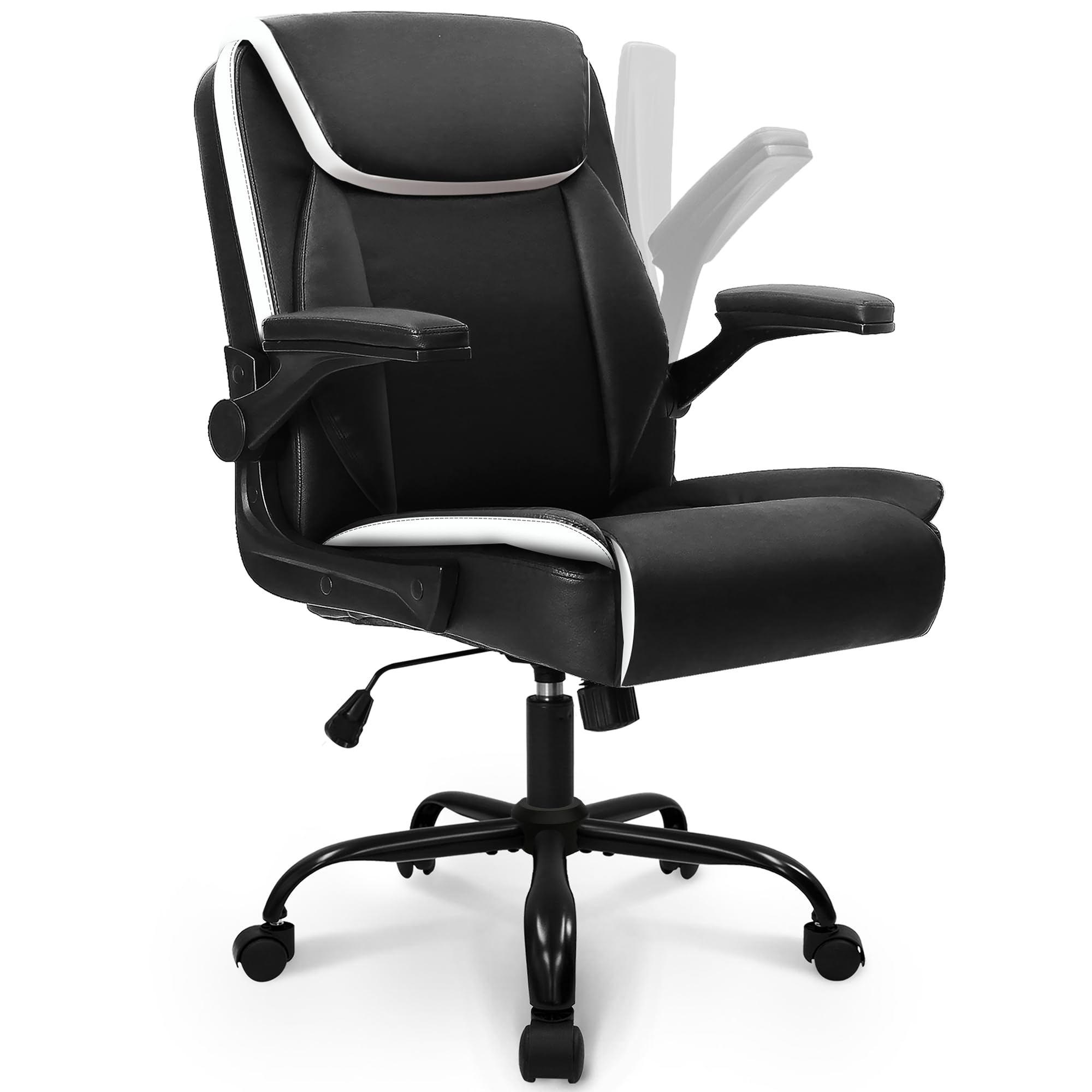 NEO CHAIR Office Desk Computer Chair Ergonomic Executive Mid-Back Leather Gaming Chair with Adjustable Flip-Up Armrests Wheels Swivel for Home Study Task (Black)