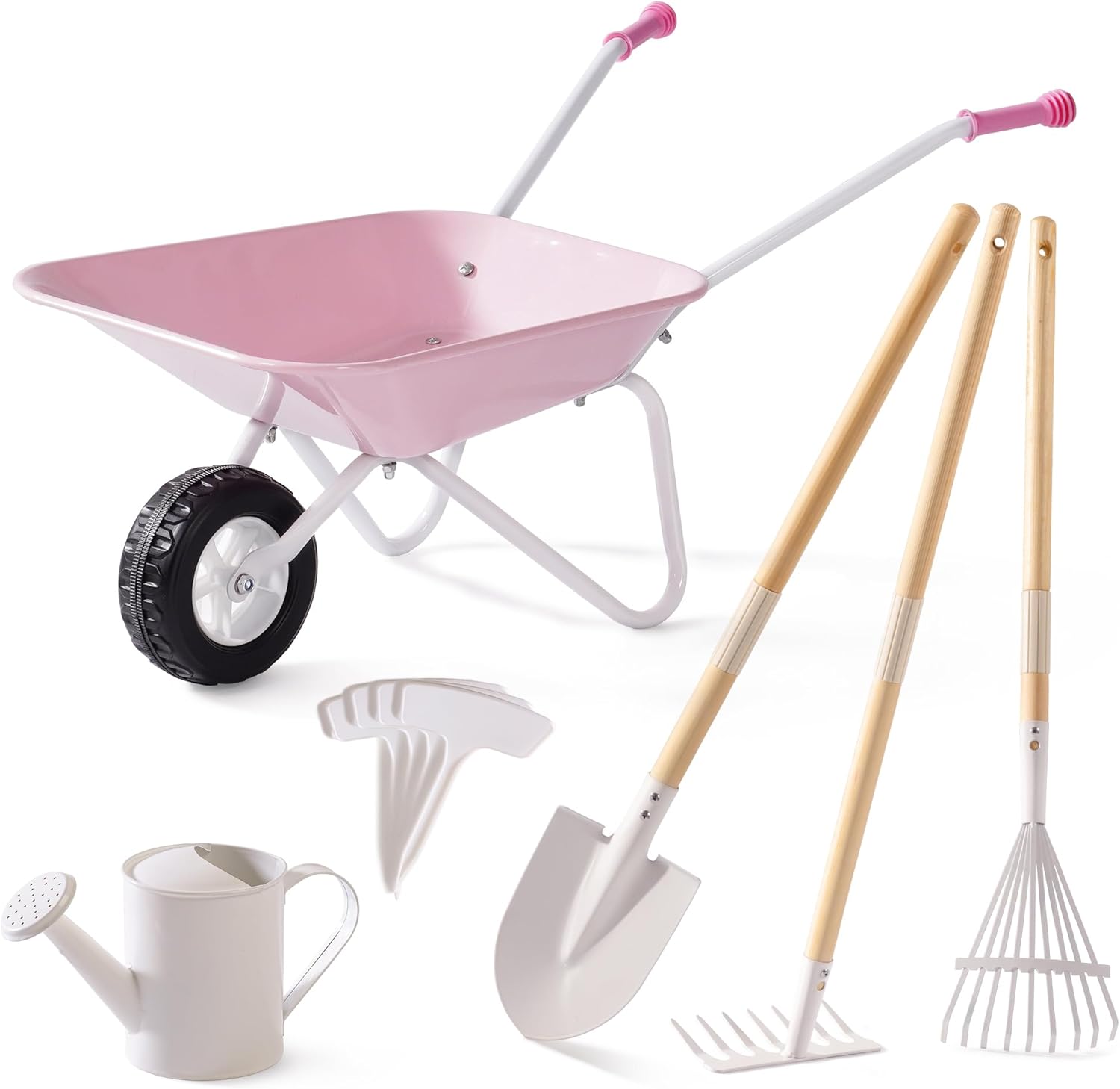 ROBOTIME Kids Wheelbarrow with Gardening Set – Metal Wheelbarrow Toddler Outdoor Play Toy with Garden Tools, Watering Can & Plant Labels, Pretend Play Yard Equipment for Boys and Girls (Pink)