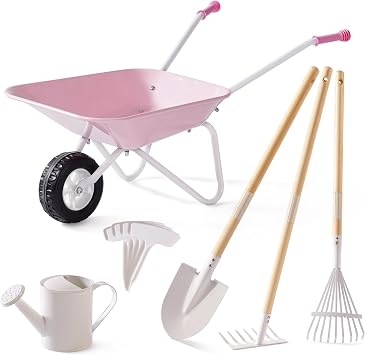 ROBOTIME Kids Wheelbarrow with Gardening Set Metal Wheelbarrow Toddler Outdoor Play Toy with Garden Tools, Watering Can & Plant Labels, Pretend Play Yard Equipment for Boys and Girls Pink