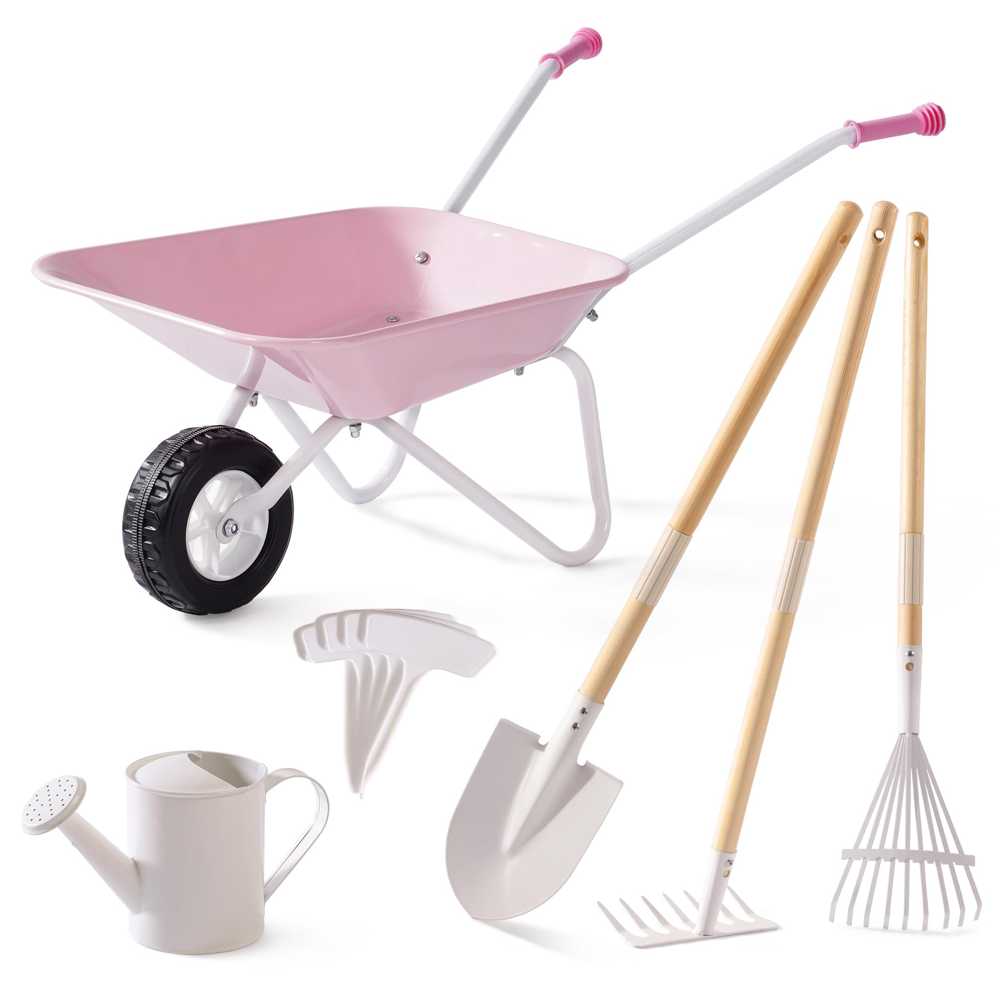 ROBUD Juego de herramientas de jardín para niños con carretilla, juego de herramientas de jardín con regadera, juguete a partir de 3 años, color rosa, WRP55