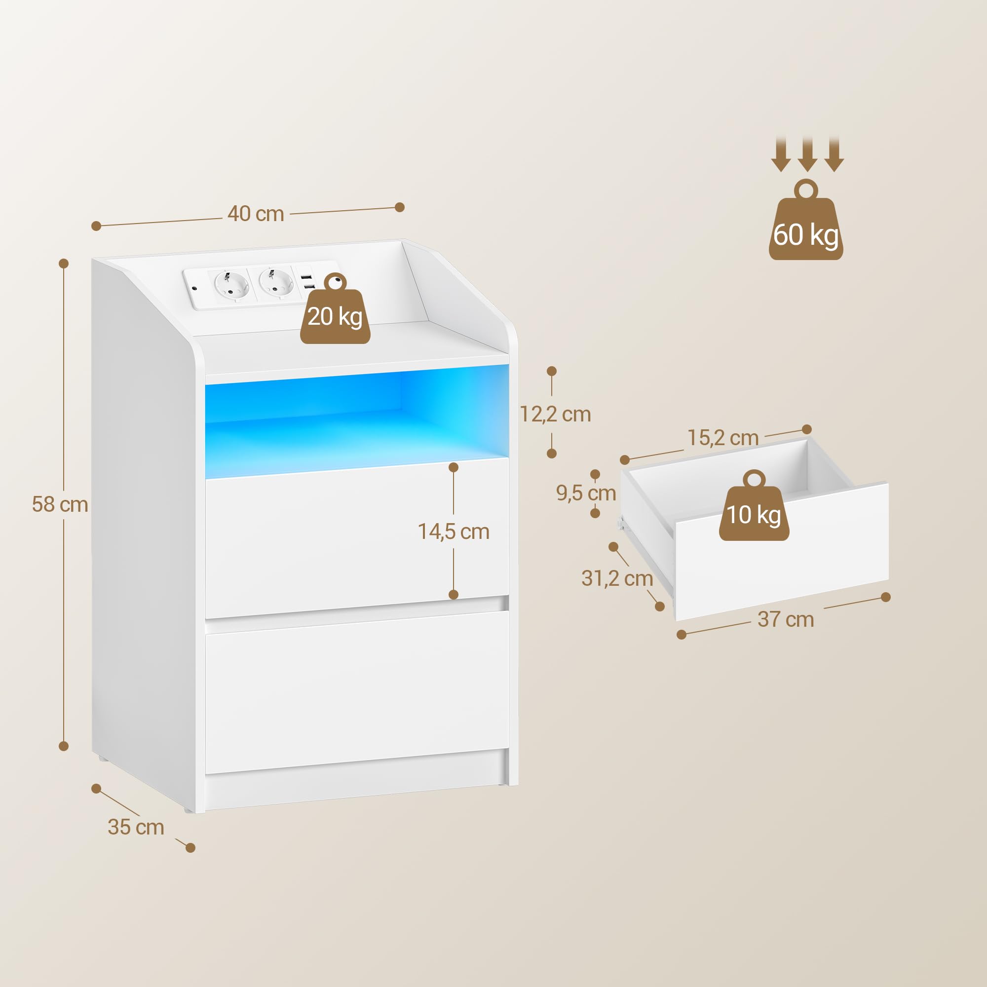 Hzuaneri Comodino Set di 2, 2 Cassetti, Luce LED, Presa Elettrica, Bianco | 1 Vano Aperto, Comodini Camera da Letto, 2 Prese AC, 2 Porte USB, 35 x 40 x 58 cm, NS60103XEU