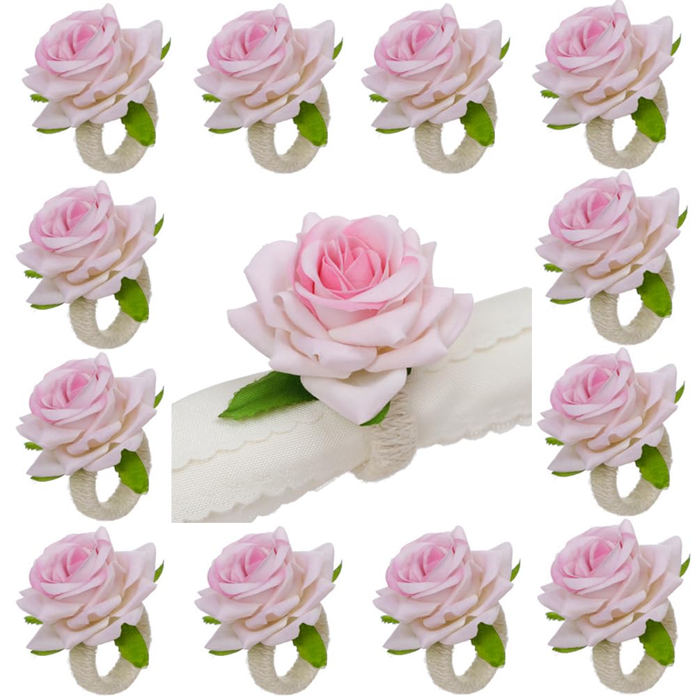 LXKBD Napkin Rings,48 Pcs Artificial Rose Napkin Holders Burlap Flower Napkin Buckles for Wedding Baby Shower Valentine's Mother's Day Party Home Kitchen Dinner Table Decoration (Pink, Standard Size)