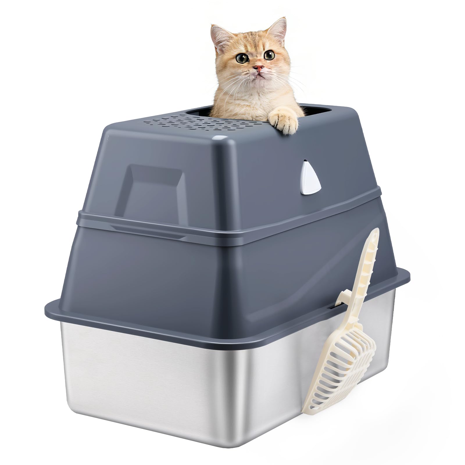 Modign Enclosed Stainless Steel Cat Litter Box with Lid, Top Entry Design,Dog Proof Protection for Cat Privacy, Includes Scoop, Suitable for Kittens, Medium or Normal Sized Cats (Grey)