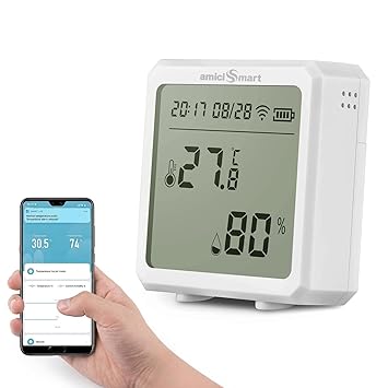 amiciSmart WiFi Temperature Humidity Monitor, Thermometer Hygrometer Sensor with App Control and Built-In Alarm