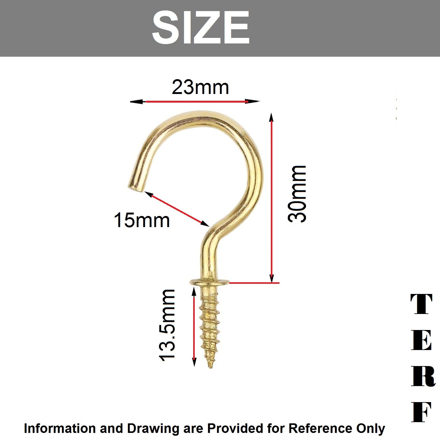 TERF® 30mm Round Bend Shoulder Cup Hook Screw 30mm (1.18 inch) Electro Brass Plated Cup Hook Hanging Screw for Office Home Garden Indoor Outdoor Use - Image 3