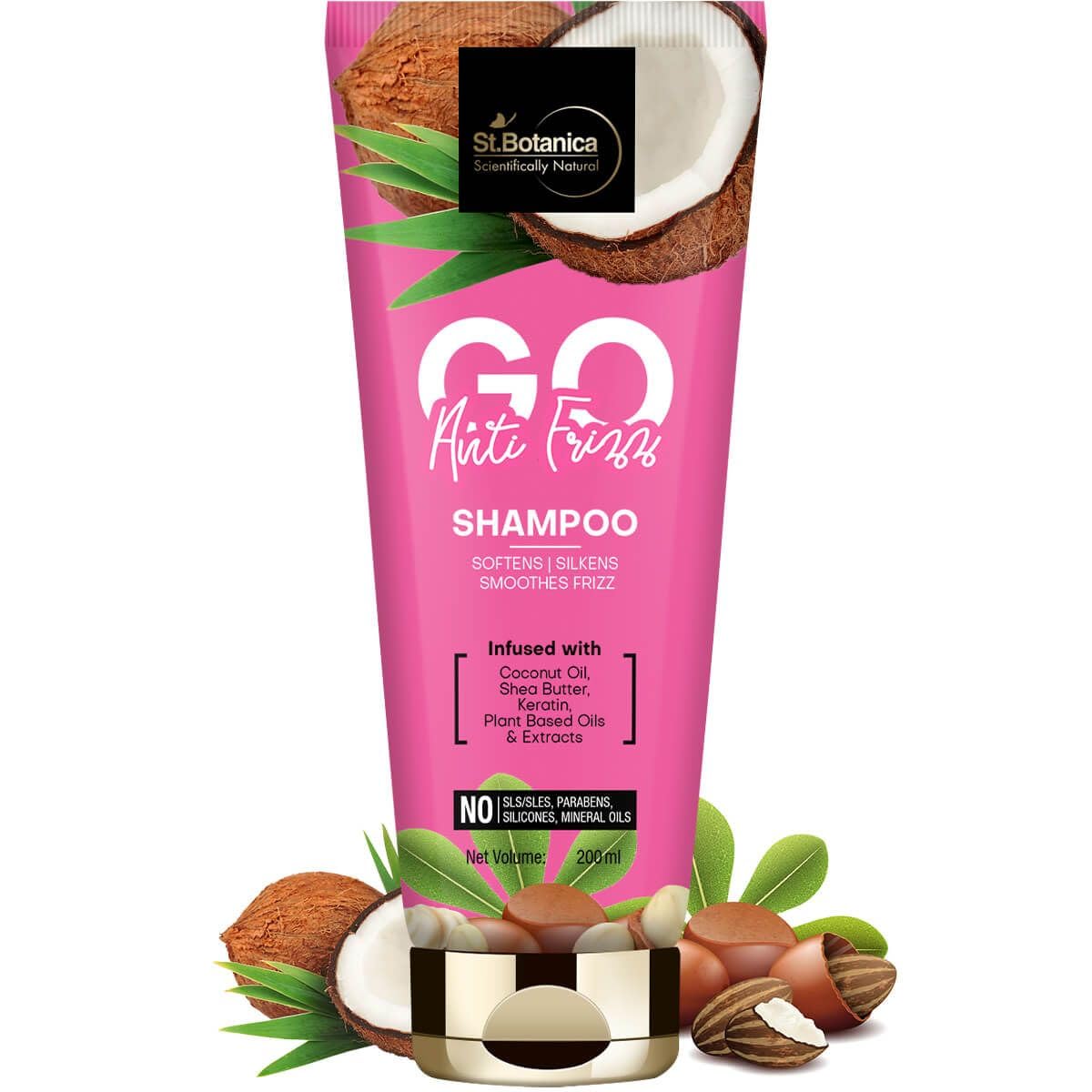 GO Anti-Frizz Hair Shampoo - With Coconut Oil, Shea Butter, Keratin, No SLS/Sulphate, Paraben, Silicones, Colors, 200ml