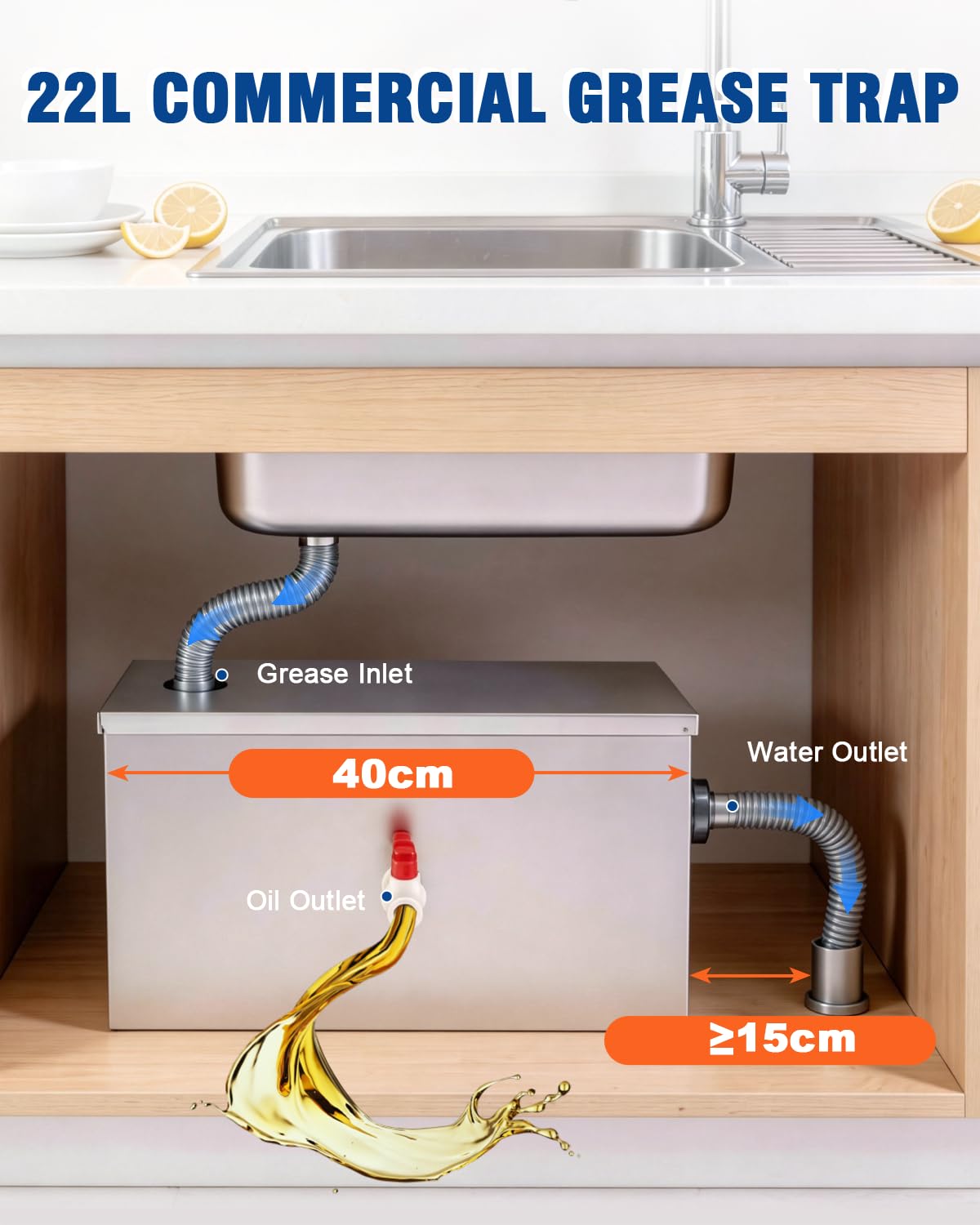YUCHENGTECH Interceptor de Grasa Comercial 22L Separador de Grasa de Acero Inoxidable Separador de Agua y Aceite Trampa de Grasa para Cocina, Cantina, Restaurante 40x24x23cm