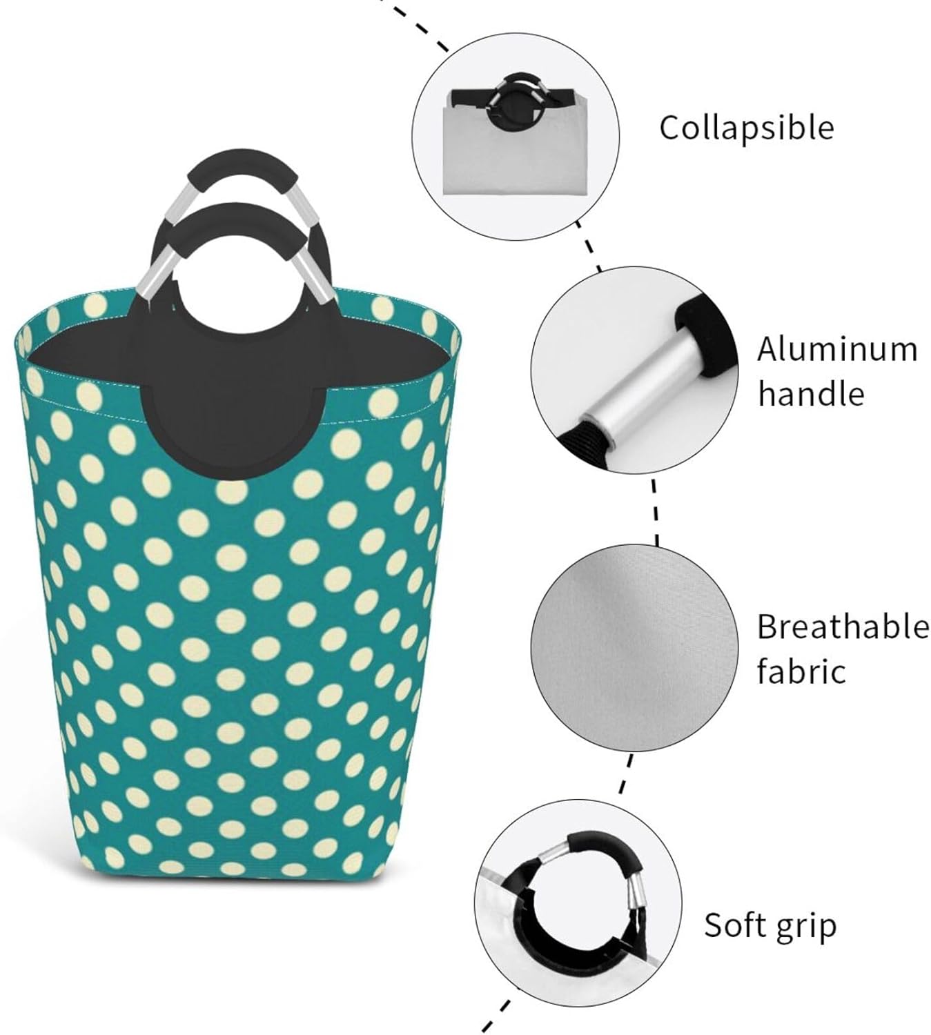 Large Laundry Basket, Retro Green Polka Dot Laundry Hamper Bag Collapsible Washing Bin With Handles for College Dorm, Family Essentials Storage