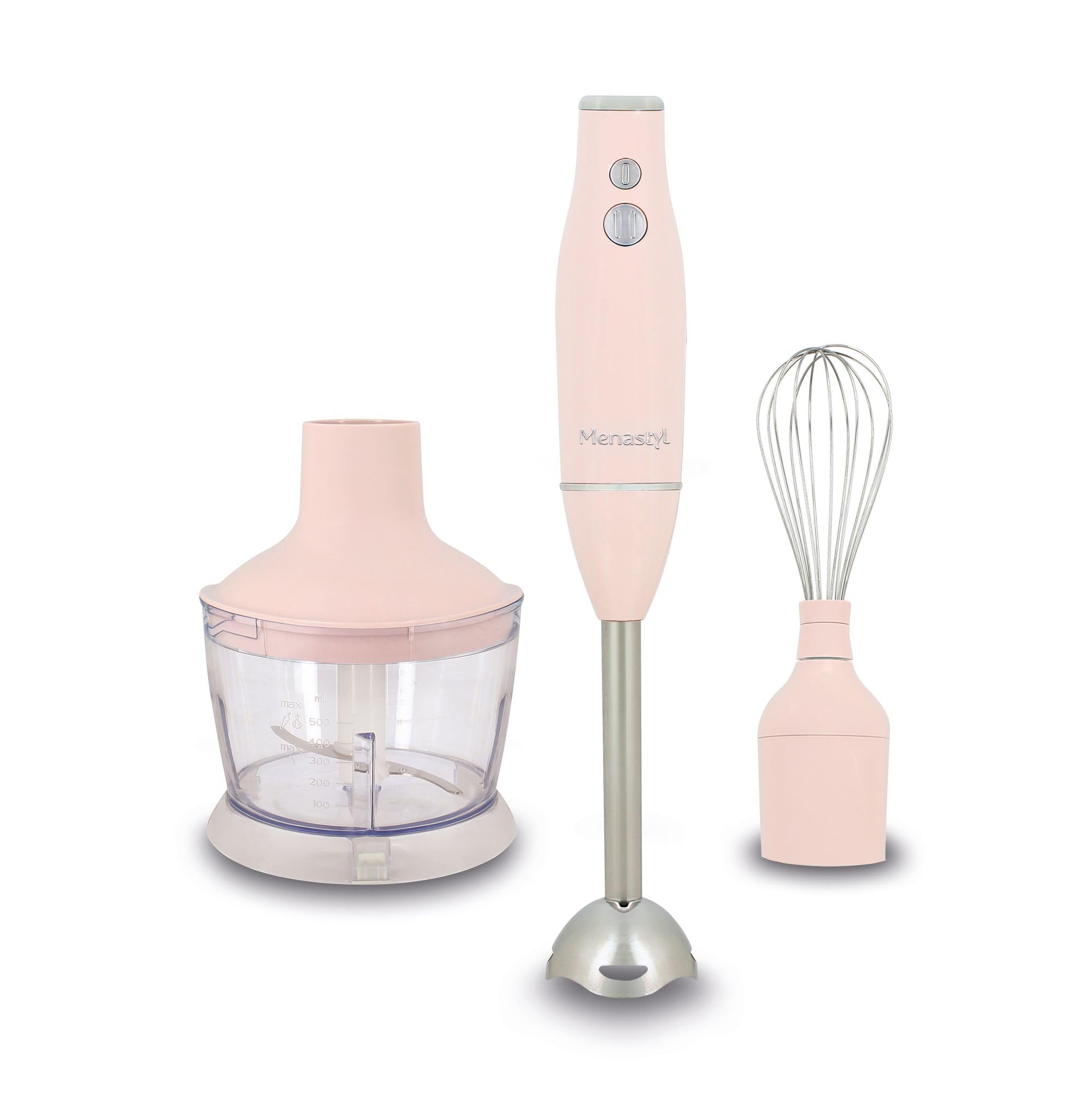 MENASTYL - Mixeur 3 en 1 Multifonction 600 W – Mixeur Plongeant/Blender, Mini Hachoir 500 ml et Fouet, 2 Vitesses, Lame en Acier Inoxydable, Bol 50 cl, Accessoires Amovibles – Rose - 6025098