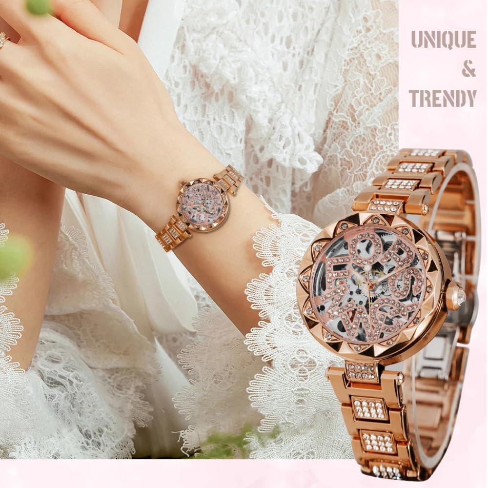Bling strass scava fuori orologio meccanico automatico per le signore unico scheletro design impermeabile in acciaio inossidabile donne eleganti orologi diamante